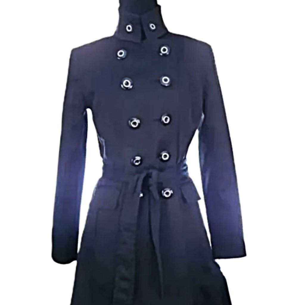 Whbm Black Sateen Sash Belted Double Breasted Trench Coat Size S
